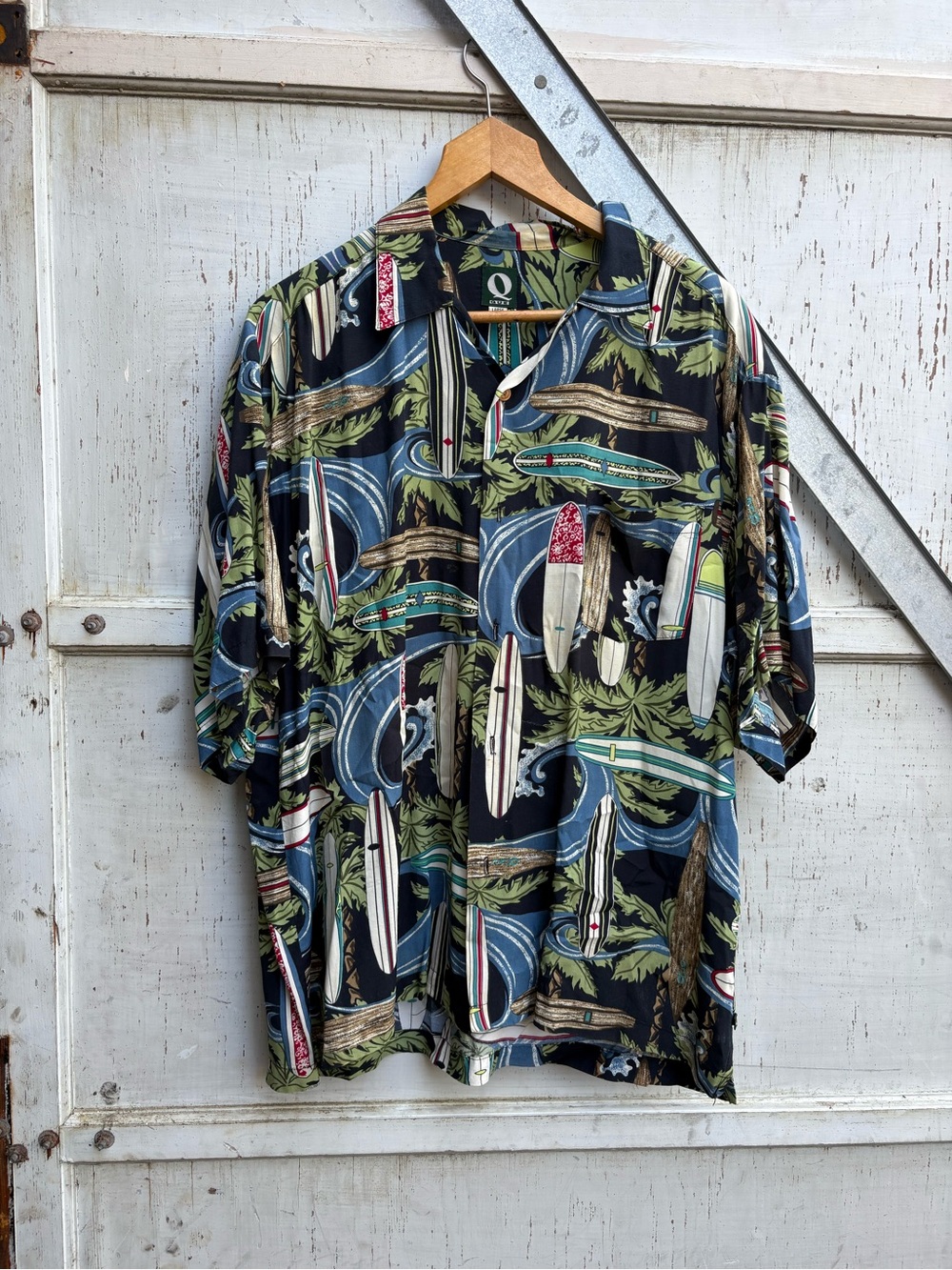 Vintage Que Black Surf-wear Print Hawaiian Loop Collar Button Up Shirt L